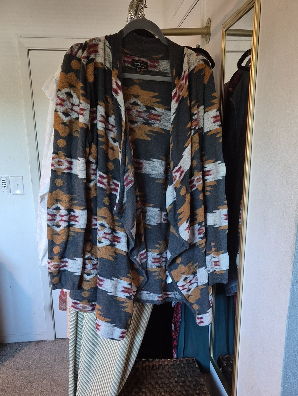 Lucky Brand Cozy Patterned Waterfall Cardigan in Charcoal, Mustard & Ivory